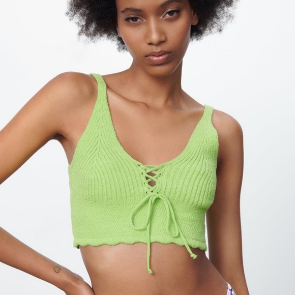 ZARA TIED KNIT TOP LIGHT GREEN - Picture 1 of 6